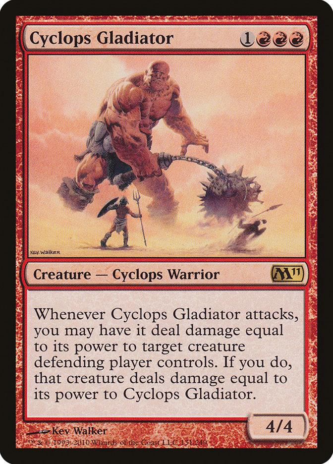 A Cyclops Gladiator [Magic 2011] Magic: The Gathering card. This Creature card features a large cyclops wielding a spiked club. When it attacks, it can deal damage to a defending creature, which then retaliates. The card costs 1 red and 3 colorless mana, with power/toughness of 4/4. Art by Kev