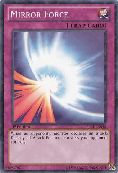 A Mirror Force [BP01-EN048] Starfoil Rare Yu-Gi-Oh! Trap Card from Battle Pack: Epic Dawn. The image depicts a burst of light reflecting an attack. This Normal Trap card's text reads: "When an opponent's monster declares an attack: Destroy all Attack Position monsters your opponent controls." The card number is BP01-EN048, and it comes in Starfoil Rare finish.