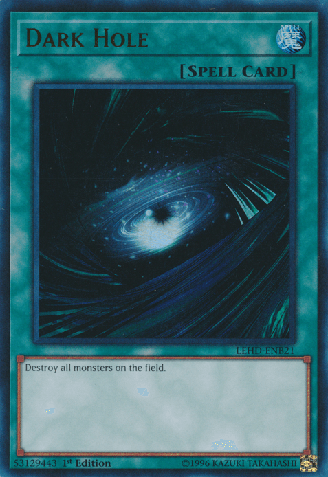 A "Yu-Gi-Oh!" trading card titled "Dark Hole [LEHD-ENB21] Ultra Rare." It is an Ultra Rare Normal Spell Card with an image of a swirling black hole at the center, surrounded by blue and black cosmic energy. The text at the bottom reads, "Destroy all monsters on the field." Various codes and copyright details are visible.