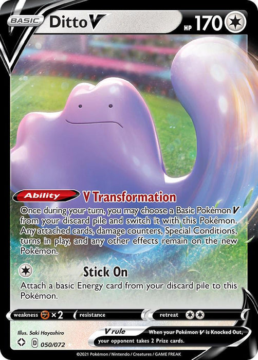 The image showcases a Ditto V (050/072) [Sword & Shield: Shining Fates] Pokémon trading card from the Sword & Shield Shining Fates series. Ditto V is depicted as a purple, blob-like creature with a simplistic face. The card has 170 HP and features the ability "V Transformation" and the attack "Stick On." The illustration is by Saki Hayashiro.