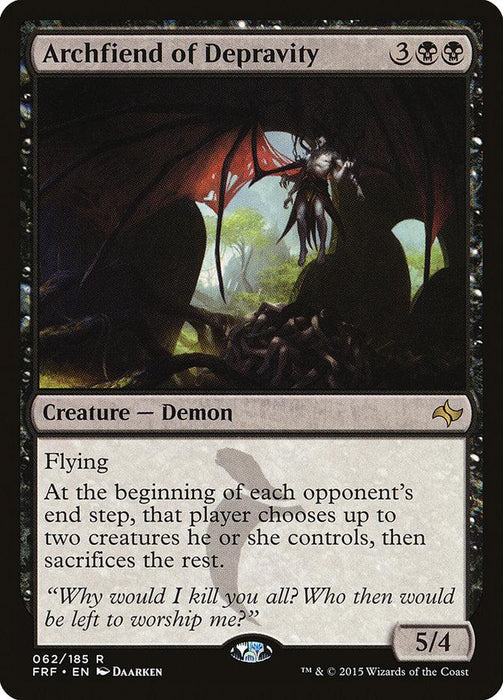 A card named "Archfiend of Depravity [Fate Reforged]" from Magic: The Gathering. This rare Creature costs 3 generic and 2 black mana to cast. The type is "Creature — Demon" with flying and power/toughness 5/4. Its effect forces opponents to sacrifice creatures at the end. Art depicts a demon in a dark cavern.