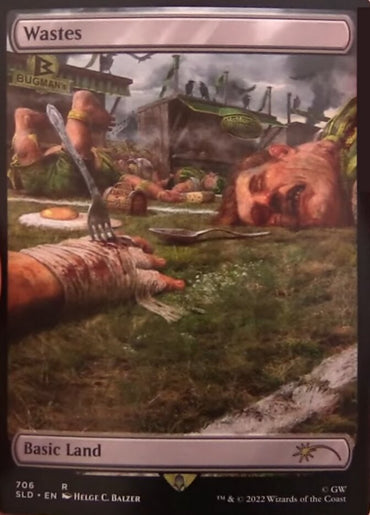 A Magic: The Gathering card titled "Wastes (706) (Extended Art) [Secret Lair Drop Promos]" depicts a chaotic scene with a large, disheveled man lying on the grass, holding a fork. Various utensils and an overturned pot are scattered nearby. In the background, a dilapidated sign reads "BUGMANS" amid other wreckage. This Basic Land is labeled as part of Magic: The Gathering Secret Lair.