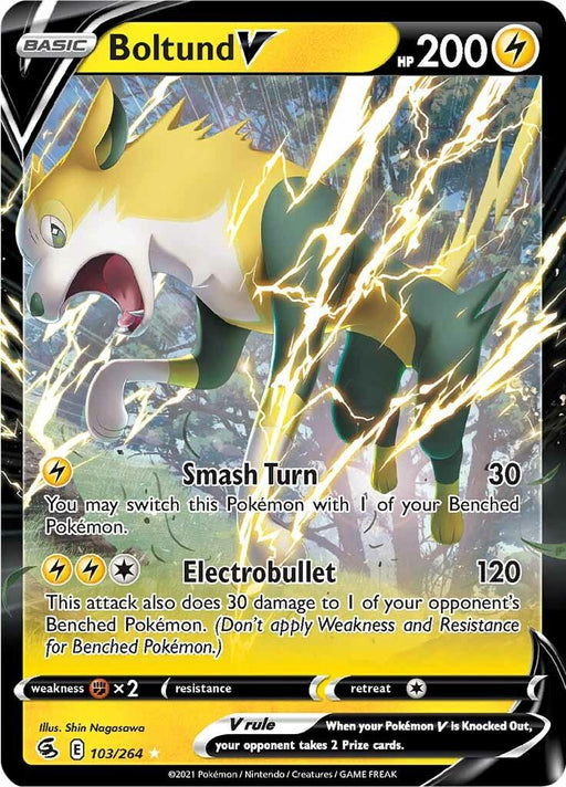 A Pokémon trading card featuring Boltund V (103/264) [Sword & Shield: Fusion Strike] with 200 HP. This Ultra Rare card depicts Boltund V mid-action, surrounded by lightning bolts. It showcases two attacks: "Smash Turn" with 30 damage and "Electrobullet" with 120 damage, along with its weakness, resistance, and retreat cost.