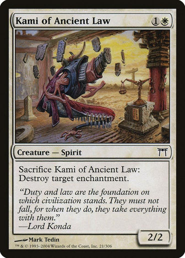 A Magic: The Gathering card titled "Kami of Ancient Law [Champions of Kamigawa]" from the Champions of Kamigawa set. It costs 1 generic mana and 1 white mana. The artwork shows a ghostly Creature — Spirit with multiple arms in a traditional Japanese setting. Text reads, "Sacrifice Kami of Ancient Law: Destroy target enchantment." Power/Toughness: 2/2.