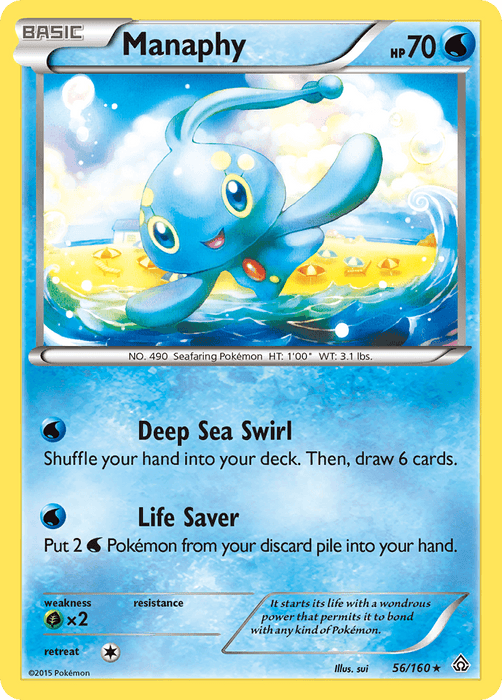 A Pokémon trading card featuring Manaphy (56/160) [XY: Primal Clash] from the Pokémon series. At the top, the Holo Rare card displays "BASIC" and "Manaphy" with 70 HP. The artwork shows Manaphy, an aquatic Pokémon with blue skin and yellow accents, in a water setting. Below, the card details two moves: "Deep Sea Swirl" and "Life Saver.
