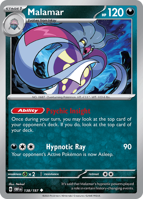 A Pokémon card featuring Malamar (138/197) [Scarlet & Violet: Obsidian Flames] from Pokémon. Malamar, with 120 HP, evolves from Inkay and possesses abilities like "Psychic Insight" and "Hypnotic Ray." The card showcases detailed artwork of Malamar amidst the Obsidian Flames, along with game-related stats such as weakness, resistance, and retreat cost.