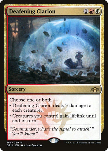 Deafening Clarion [Guilds of Ravnica] from Magic: The Gathering depicts a robed figure holding a staff amidst a powerful wave of energy. As a sorcery, choose one or both: Deafening Clarion deals 3 damage to each creature, and creatures you control gain lifelink until end of turn.