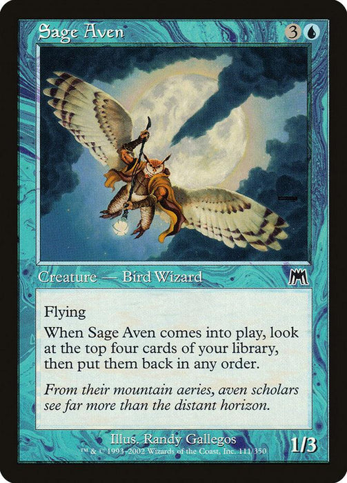 A Magic: The Gathering card titled Sage Aven [Onslaught] from the Onslaught set features a turquoise border. It depicts an anthropomorphic bird with wings and a staff, soaring above a mountainous landscape. This flying creature has abilities detailed in the card's text: Flying and a special action upon entering play, with power/toughness of 1/3.
