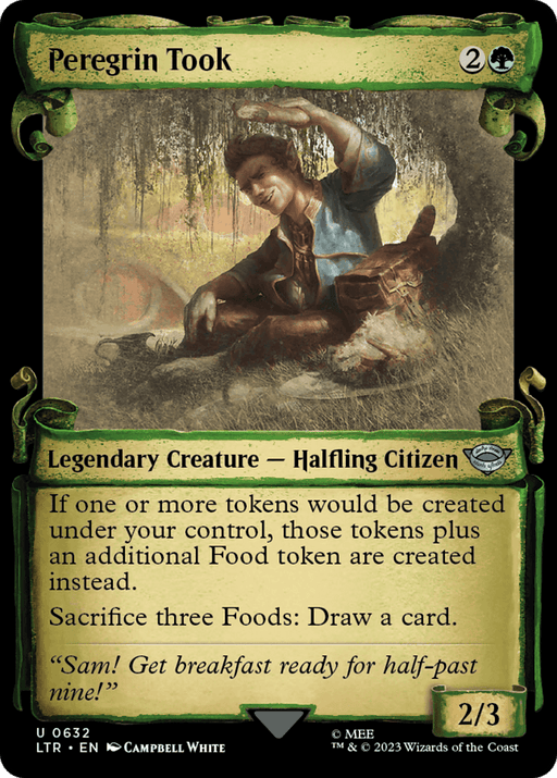 A Magic: The Gathering card featuring "Peregrin Took [The Lord of the Rings: Tales of Middle-Earth Showcase Scrolls]," a Legendary Creature - Halfling Citizen from Middle-Earth. The card's text details abilities involving token creation and drawing cards. The illustrated character is sitting, holding something aloft, with a rustic, earthy background. Card colors are green and gold.