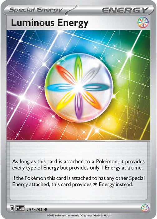 A Pokémon trading card titled "Luminous Energy (191/193) [Scarlet & Violet: Paldea Evolved]," part of the *Scarlet & Violet: Paldea Evolved* series. It features a central orb with a rainbow-colored star pattern, set against a vibrant, multicolored background. This Uncommon card's text explains its Special Energy properties: it provides every type of energy but only one at a time.