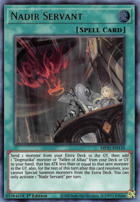 The image is of a Yu-Gi-Oh! card titled "Nadir Servant [MP21-EN135] Ultra Rare." The card's artwork features a mystic scene with a figure in white robes holding a scepter, standing next to an elaborate altar emitting a ruby red aura. Set inside an ornate, gothic structure, this "Dogmatika" monster card hails from the 2021 Tin of Ancient Battles.
