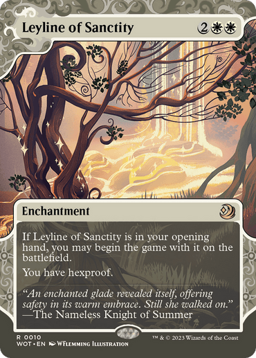 Leyline of Sanctity [Wilds of Eldraine: Enchanting Tales]" is an Enchantment card for Magic: The Gathering, costing 2 generic and 2 white mana. The artwork features a mystical, enchanted forest illuminated by radiant light. Its text grants hexproof and allows it to be placed on the battlefield if in your opening hand.