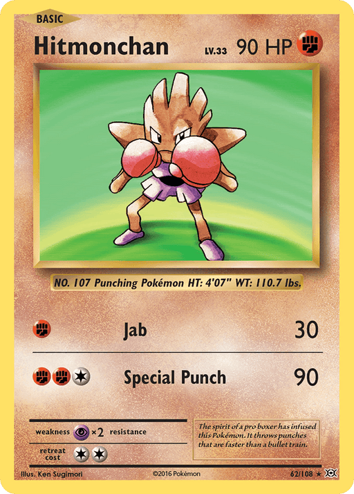 A *Hitmonchan (62/108) [XY: Evolutions]* from the *Pokémon* series featuring Hitmonchan, a Fighting-type Pokémon. Hitmonchan is depicted wearing red boxing gloves, with a determined expression. The card lists "Hitmonchan LV.33 90 HP," has moves "Jab" (30 damage) and "Special Punch" (90 damage), and includes its height, weight, and other details.
