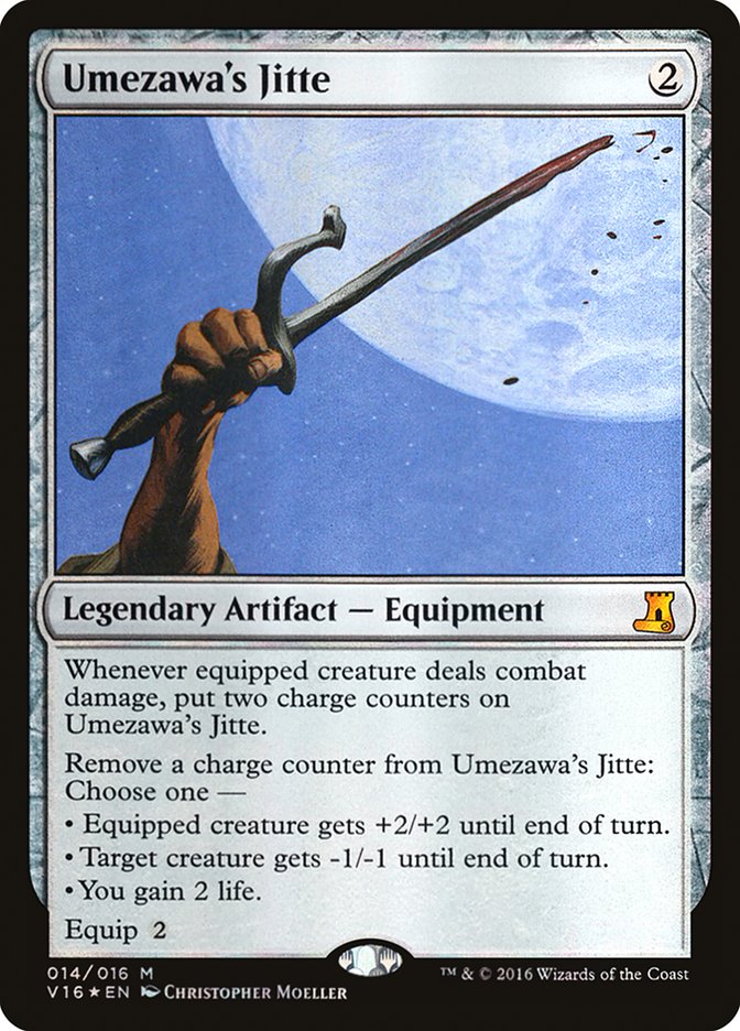 The card "Umezawa's Jitte [From the Vault: Lore]" from Magic: The Gathering depicts a hand clutching the iconic curved sword against a cloudy backdrop. This Legendary Artifact Equipment features special abilities using charge counters and has an equip cost of 2.