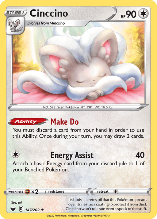 A Pokémon trading card from the Sword & Shield Base Set featuring Cinccino (147/202) [Sword & Shield: Base Set]. Cinccino is a small, gray, mouse-like creature with large ears and fluffy white fur. The Rare card has 90 HP and includes the abilities "Make Do" and "Energy Assist." The card's border is silver, showcasing an illustration of Cinccino.