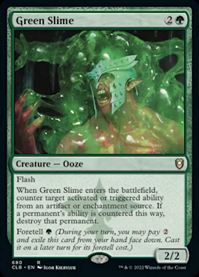 A Magic: The Gathering card from Commander Legends: Battle for Baldur's Gate titled "Green Slime." It is a 2/2 green Creature - Ooze with a casting cost of 2G. It has Flash and an ability that counters a triggered or activated ability from an artifact or enchantment source when it enters the battlefield, destroying that permanent if countered. It also has a Foretell cost of 1.