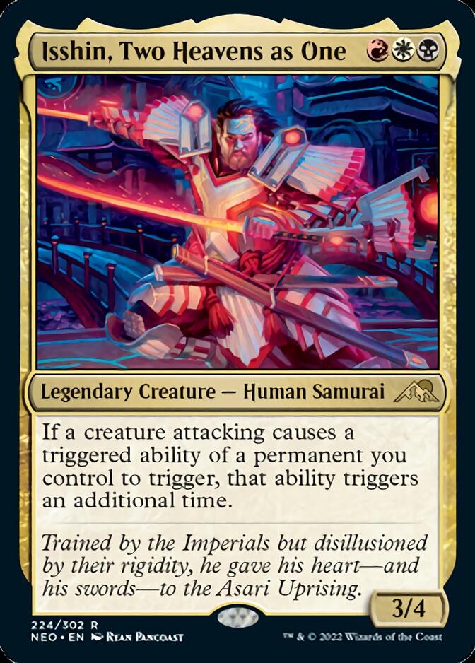 Illustration of an **Isshin, Two Heavens as One [Kamigawa: Neon Dynasty]** card from **Magic: The Gathering** featuring a glowing armored Human Samurai with dual swords. The frame includes game details: rarity, mana cost, type, abilities, flavor text, power/toughness, set number, artist credit, and copyright info.