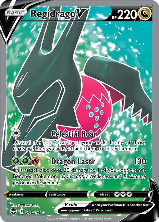 The image shows a Pokémon trading card featuring Regidrago V (183/195) [Sword & Shield: Silver Tempest]. The card has a black dragon with accents of pink and green in a dynamic pose. It has 220 HP and the following moves: "Celestial Roar" and "Dragon Laser." This Ultra Rare card is part of the Sword & Shield Silver Tempest series from the Pokémon brand.