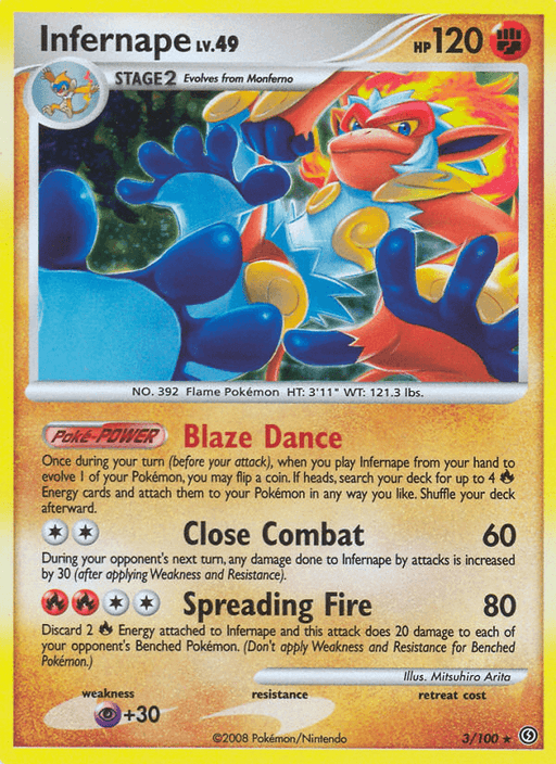 A Pokémon trading card of Infernape (3/100) [Diamond & Pearl: Stormfront] from Pokémon. The Holo Rare card features an illustration of the fiery, ape-like creature with flames on its head and shoulders. With 120 HP, this Fighting Stage 2 Pokémon showcases abilities like Blaze Dance and powerful attacks such as Close Combat and Spreading Fire.