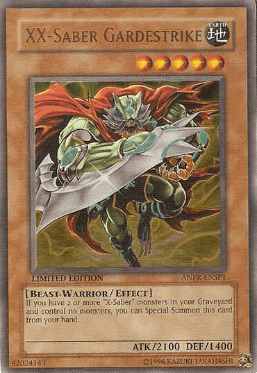 A Yu-Gi-Oh! [ANPR-ENSP1] Ultra Rare card featuring "XX-Saber Gardestrike," an impressive X-Saber Effect Monster equipped with a massive sword and a green cape. The card outlines its special summoning conditions, showcasing an ATK of 2100, a DEF of 1400, and the Earth attribute symbol.