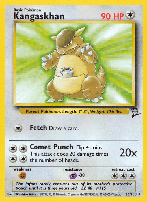 A rare Pokémon card from Base Set 2 featuring Kangaskhan (26/130) [Base Set 2] by Pokémon. Kangaskhan is depicted with its baby in its pouch. The card has 90 HP and includes the moves "Fetch" and "Comet Punch." It details Kangaskhan's height (7' 3") and weight (176 lbs), set against a green background with a yellow starburst.
