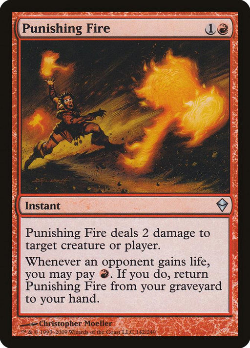 A Magic: The Gathering product from the Zendikar set titled "Punishing Fire [Zendikar]". The card has a red border and depicts a figure shooting fireballs from their hands. The text reads: "Punishing Fire deals 2 damage to target creature or player. Whenever an opponent gains life, you may pay {R}. If you do, return Punishing Fire from your graveyard to your hand."

Brand: Magic: The Gathering