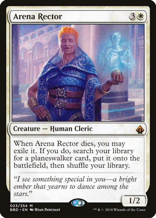 A Magic: The Gathering card from Battlebond, titled Arena Rector [Battlebond], features artwork of an older man in decorative clothing standing before a blue statue. This Creature — Human Cleric requires 3 colorless and 1 white mana, with power/toughness of 1/2, detailing its effects upon death.