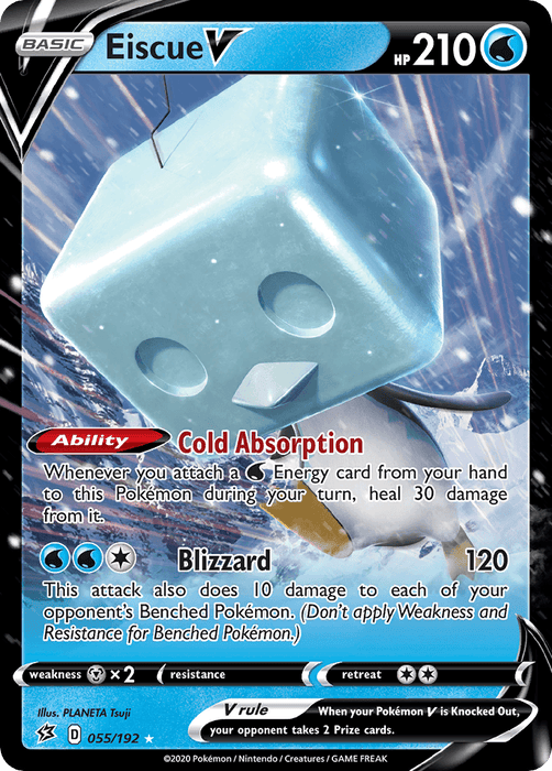 A Pokémon card featuring Eiscue V (055/192) [Sword & Shield: Rebel Clash], an Ice-type with 210 HP from the Rebel Clash set. This Ultra Rare card showcases Eiscue's cube-shaped ice head against a blue, wintry background. The details include abilities: Cold Absorption and Blizzard (120 damage), V Rule, and Sword & Shield set information at the bottom.