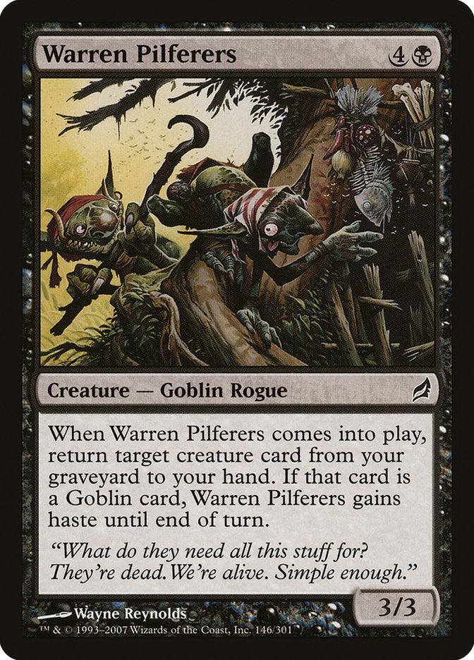 Magic: The Gathering card "Warren Pilferers [Lorwyn]" showcases a 3/3 Goblin Rogue. This black-bordered card depicts goblins scavenging in a dense, overgrown area. Costing 4B, its ability allows you to return a target creature from your graveyard to your hand and grants haste if it's a Goblin card.