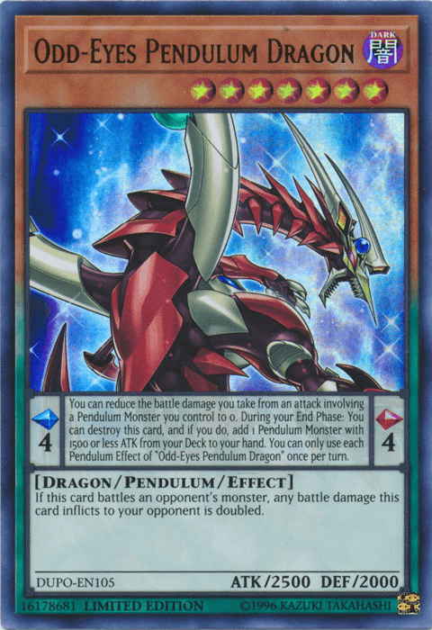 Image of a Yu-Gi-Oh! Ultra Rare trading card titled "Odd-Eyes Pendulum Dragon [DUPO-EN105] Ultra Rare." The card displays a dragon with metallic red and silver armor, blue eyes, and yellow wings. It has a Pendulum Scale of 4, ATK of 2500, and DEF of 2000. The card's effects and description are visible at the bottom.