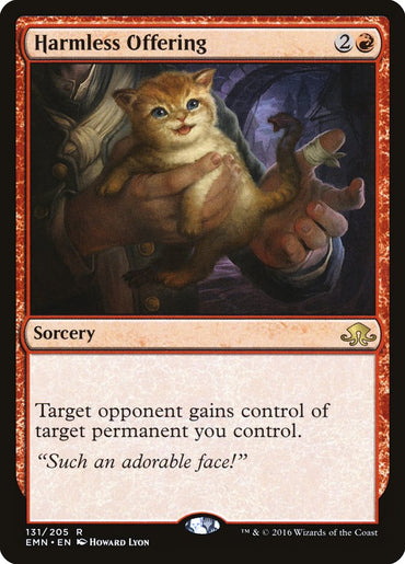 The Magic: The Gathering card "Harmless Offering [Eldritch Moon]," a rare red sorcery, features artwork by Howard Lyon depicting a person offering an innocent orange kitten. The card's text reads, "Target opponent gains control of target permanent you control," with the flavor text: "Such an adorable face!