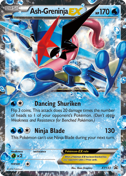 Pokémon trading card featuring Ash-Greninja EX (XY133) [XY: Black Star Promos] with 170 HP. The card, a coveted Black Star Promo, boasts two attacks: Dancing Shuriken and Ninja Blade. It showcases vibrant artwork of Greninja with a red scarf and shuriken. The holographic design, adorned with star patterns, highlights various stats and gameplay rules.
