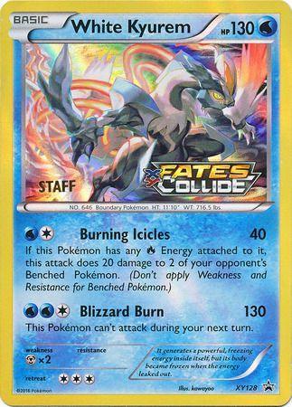 The image shows a Pokémon trading card featuring White Kyurem (XY128) (Staff) [XY: Black Star Promos]. It has 130 HP and is of Water type. Its stats include 