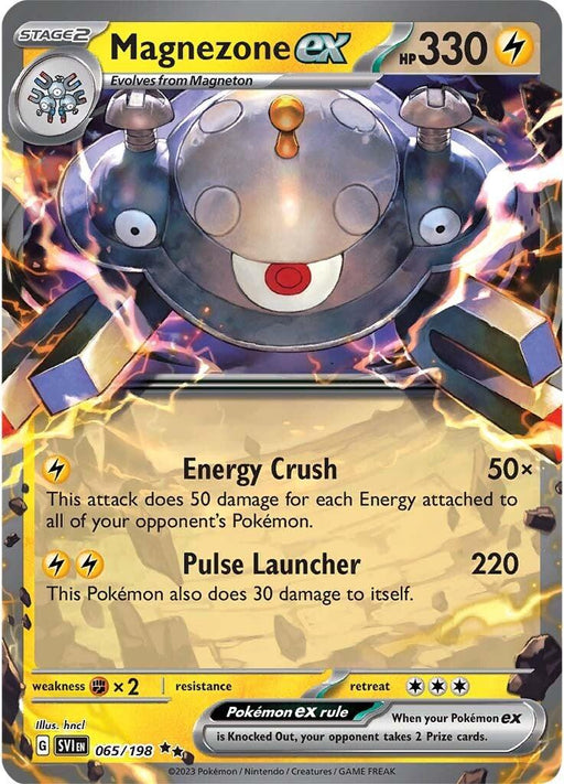A Pokémon card featuring Magnezone ex (065/198) [Scarlet & Violet: Base Set] from the Pokémon brand. The primarily yellow, Lightning Type card showcases Magnezone, a robotic Pokémon with a UFO-like body, floating against a dark, stormy background. It has 330 HP, two attacks—Energy Crush and Pulse Launcher—and is marked as Ultra Rare 065/198.