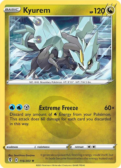 A Pokémon Kyurem (116/203) [Sword & Shield: Evolving Skies] from the Pokémon brand, featuring Kyurem, a dragon/ice type creature with light blue and gray icy armor and wings. The Holo Rare card is numbered 116/203 with 120 HP. It has an attack called "Extreme Freeze" and a Pokédex entry at the bottom. The background is yellow, and the illustrator is Souichirou Gunjima.