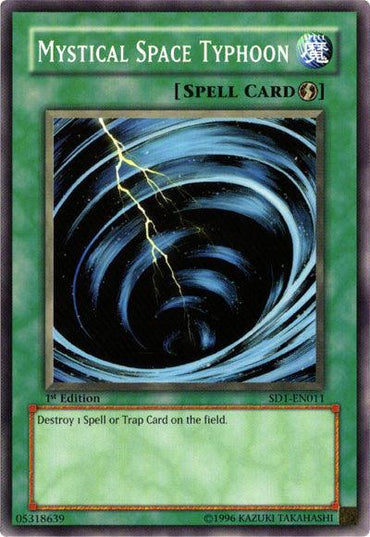 The image displays a Yu-Gi-Oh! trading card titled "Mystical Space Typhoon [SD1-EN011] Common" from the "Dragon's Roar" Structure Deck. This Quick Play Spell Card features artwork of a swirling vortex and lightning, accompanied by the text: "Destroy 1 Spell or Trap Card on the field," with edition details and its serial number listed below.