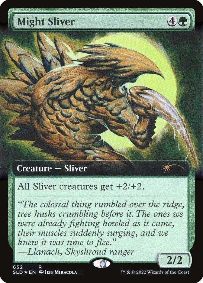 This exclusive Might Sliver (Extended Art) card from the Secret Lair Drop Promos by Magic: The Gathering showcases a mighty creature with sharp claws and a curved body against a glowing green backdrop. It features card text that enhances all Sliver creatures by +2/+2 and includes flavor text from Llanach, the Skyshroud ranger.