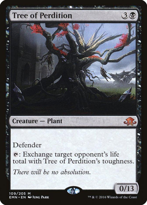 Magic: The Gathering product named "Tree of Perdition [Eldritch Moon]." This mythic creature, hailing from the Eldritch Moon set, depicts a dark, twisted tree with red eyes and a gnarled structure against a gloomy backdrop. Its abilities involve exchanging an opponent's life total with its toughness. It has 0 power and 13 toughness.