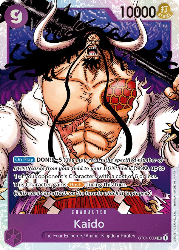 A trading card from the Bandai product Kaido (003) [Starter Deck: Animal Kingdom Pirates] featuring the character Kaido from the One Piece series. Kaido has a menacing expression, sporting large horns, a long mustache, and a muscular build. The card has a purple background with a power rating of 10,000 and includes stats and character abilities at the bottom.