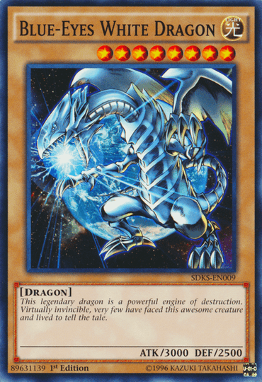 A "Blue-Eyes White Dragon [SDKS-EN009] Common" Yu-Gi-Oh! trading card. The card features an illustration of a legendary dragon with blue eyes, glowing with power. The powerful engine of destruction has a shining, metallic appearance and is set against a dark, cosmic background. Key stats include ATK/3000 and DEF/2500.