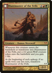 The Magic: The Gathering card titled "Huntmaster of the Fells // Ravager of the Fells [Dark Ascension]" showcases a Human Werewolf holding an axe and surrounded by wolves. With a casting cost of 2 red and green mana, and power and toughness of 2/2, this card generates wolf tokens and life gain upon entering or transforming into Ravager of the Fells.