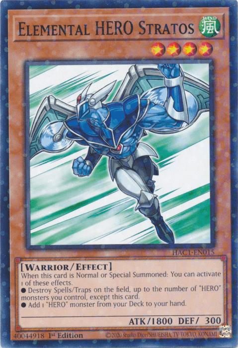 A Yu-Gi-Oh! trading card depicting "Elemental HERO Stratos (Duel Terminal) [HAC1-EN015] Common", a HERO monster from the Hidden Arsenal series. This blue, armored warrior with wings strikes a dynamic pose. The card displays its type (WIND), level (4 stars), attack (1800), defense (300), and detailed ability descriptions.