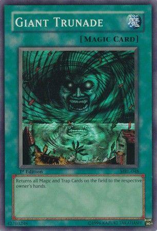 The Giant Trunade [MRL-048] Super Rare Magic Card from the Yu-Gi-Oh! trading card game features a dark, swirling tornado with a sinister face at the top. The artwork includes debris and small buildings being swept into the vortex. Its text reads: 