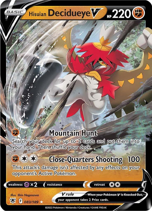 A Hisuian Decidueye V (083/189) [Sword & Shield: Astral Radiance] Pokémon card from the Pokémon series. This Ultra Rare card highlights the bird-like creature with red and white plumage, ready for battle. It has 220 HP, two attacks: Mountain Hunt and Close Quarters Shooting, a retreat cost of two, and a weakness to electric type attacks.

