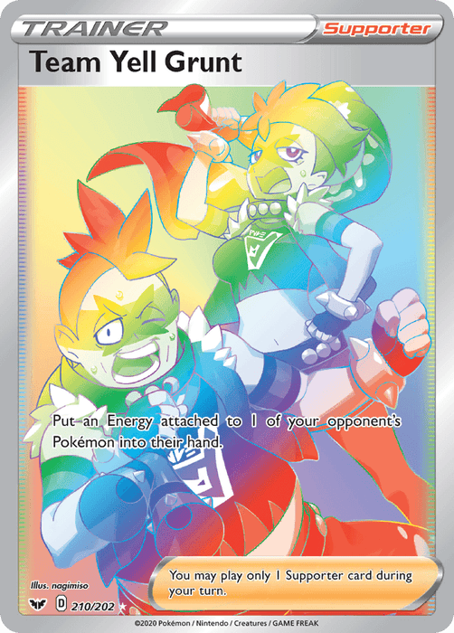 A Pokémon card titled "Team Yell Grunt (210/202) [Sword & Shield: Base Set]" from the Sword & Shield series featuring two characters in rainbow-colored costumes. The characters, one with orange hair and the other with green hair, are shouting through megaphones. The Supporter card's text reads: "Put an Energy attached to 1 of your opponent’s Pokémon into their hand.