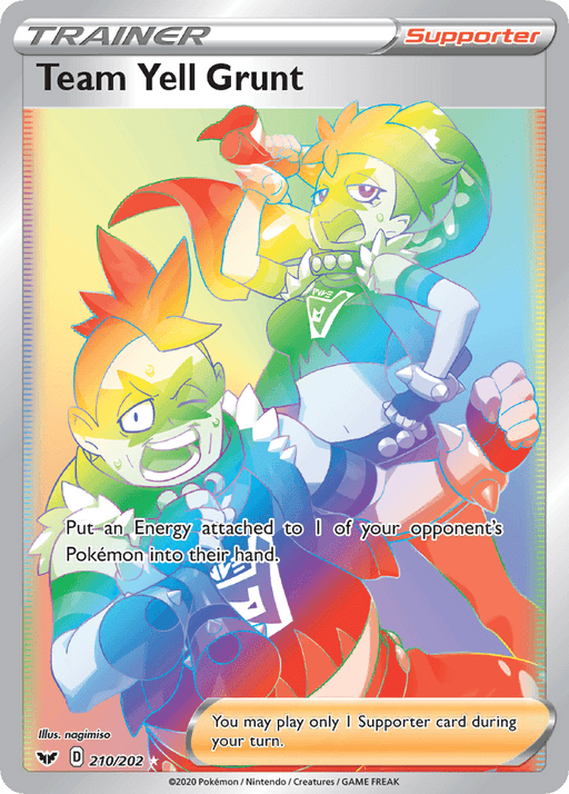 A Pokémon card titled "Team Yell Grunt (210/202) [Sword & Shield: Base Set]" from the Sword & Shield series featuring two characters in rainbow-colored costumes. The characters, one with orange hair and the other with green hair, are shouting through megaphones. The Supporter card's text reads: "Put an Energy attached to 1 of your opponent’s Pokémon into their hand.