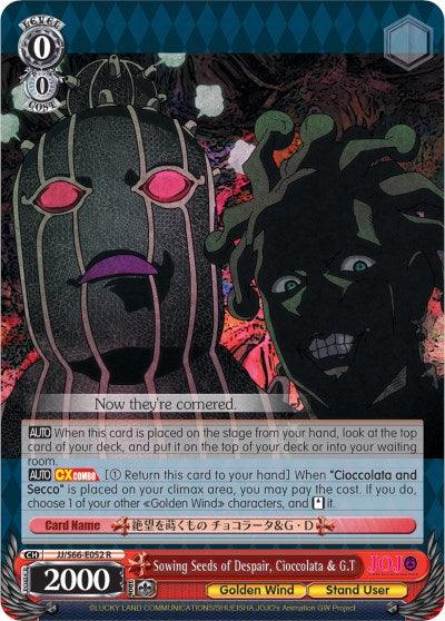 A rare character card from JoJo's Bizarre Adventure: Golden Wind trading card game, featuring Sowing Seeds of Despair, Cioccolata & G.T (JJ/S66-E052 R) [JoJo's Bizarre Adventure: Golden Wind] by Bushiroad. It shows two dark-toned stylized characters with sinister expressions. The card has a power rating of 2000 and detailed text for game actions against a backdrop of dark, ominous colors.