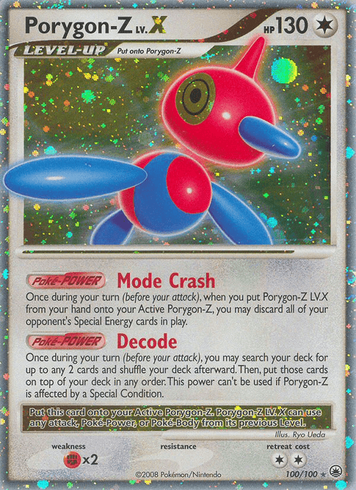 This Pokémon Porygon-Z LV.X (100/100) [Diamond & Pearl: Majestic Dawn] card from the Majestic Dawn set features a striking holographic background. The detailed illustration of the virtual Pokémon showcases its red head, limbs, blue eyes, and torso. With 130 HP and attack moves Mode Crash and Decode, it also outlines specific leveling up conditions and weaknesses.