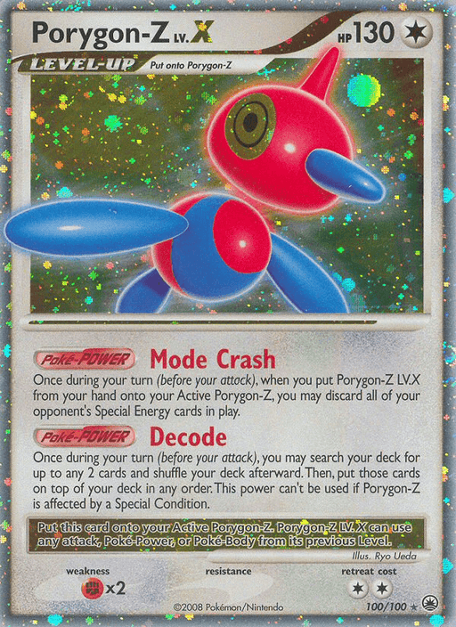 This Pokémon Porygon-Z LV.X (100/100) [Diamond & Pearl: Majestic Dawn] card from the Majestic Dawn set features a striking holographic background. The detailed illustration of the virtual Pokémon showcases its red head, limbs, blue eyes, and torso. With 130 HP and attack moves Mode Crash and Decode, it also outlines specific leveling up conditions and weaknesses.