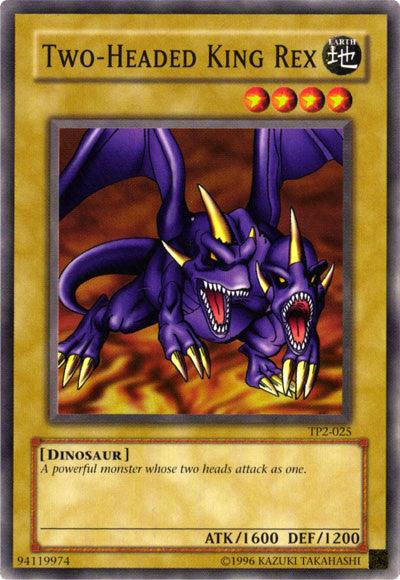 The Two-Headed King Rex [TP2-025] Common Yu-Gi-Oh! trading card from Tournament Pack 2. This Common Normal Monster features a two-headed purple dinosaur with red eyes and sharp teeth, showcasing a powerful stance. The card boasts 4 stars, an earth attribute, attack points of 1600, and defense points of 1200. Card number TP2-025.
